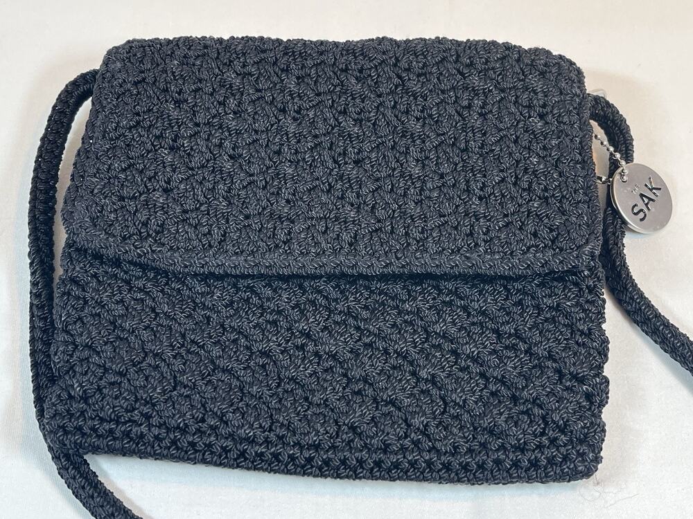 The Sak Black Crochet Crossbody Bag Flap Purse Silver Charm Boho